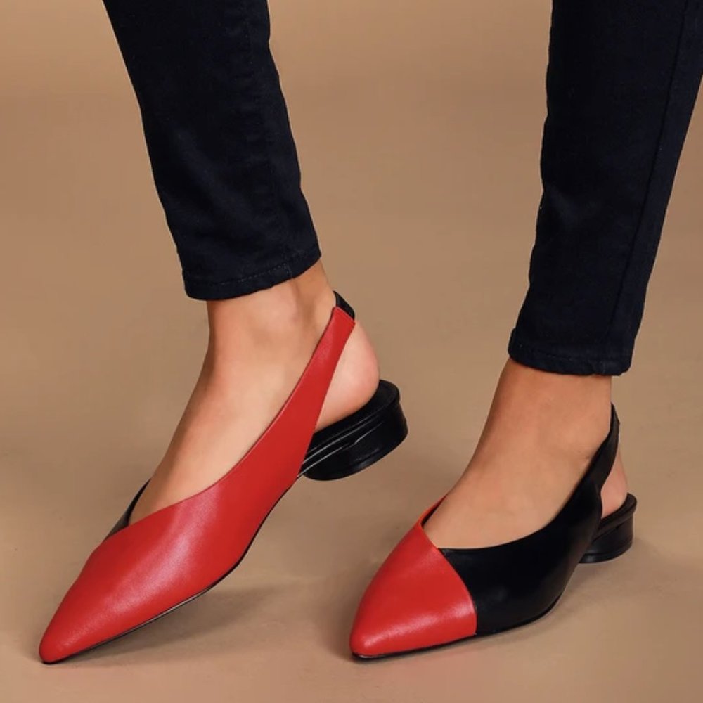 Black and Red Leather Pointed-Toe Slingback Flats
